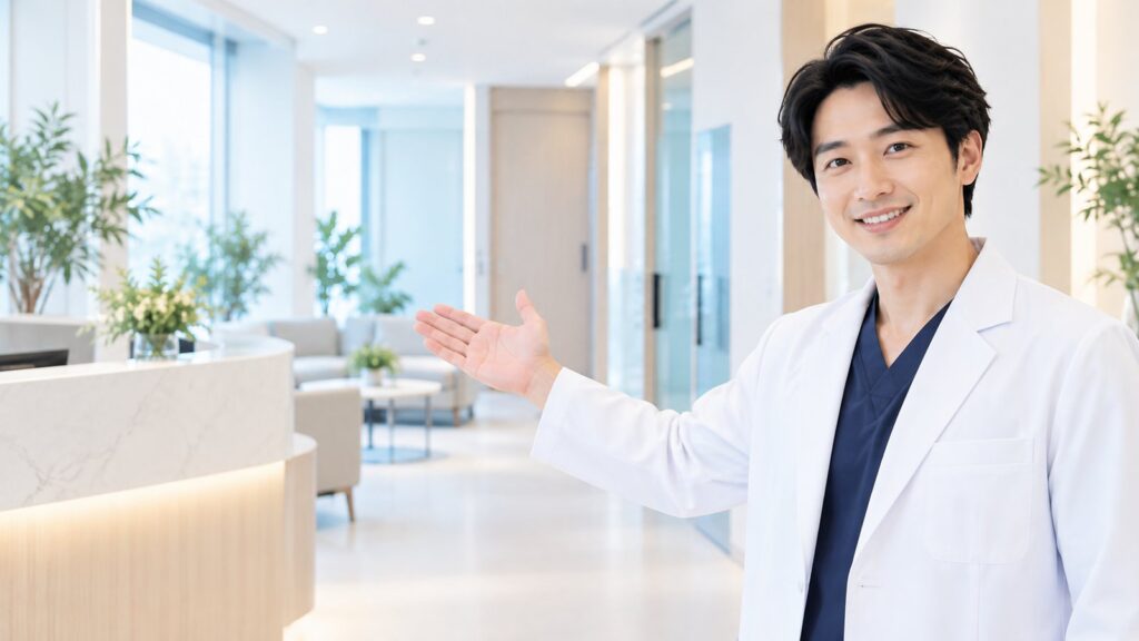 院内を案内する医師