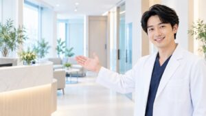 院内を案内する医師